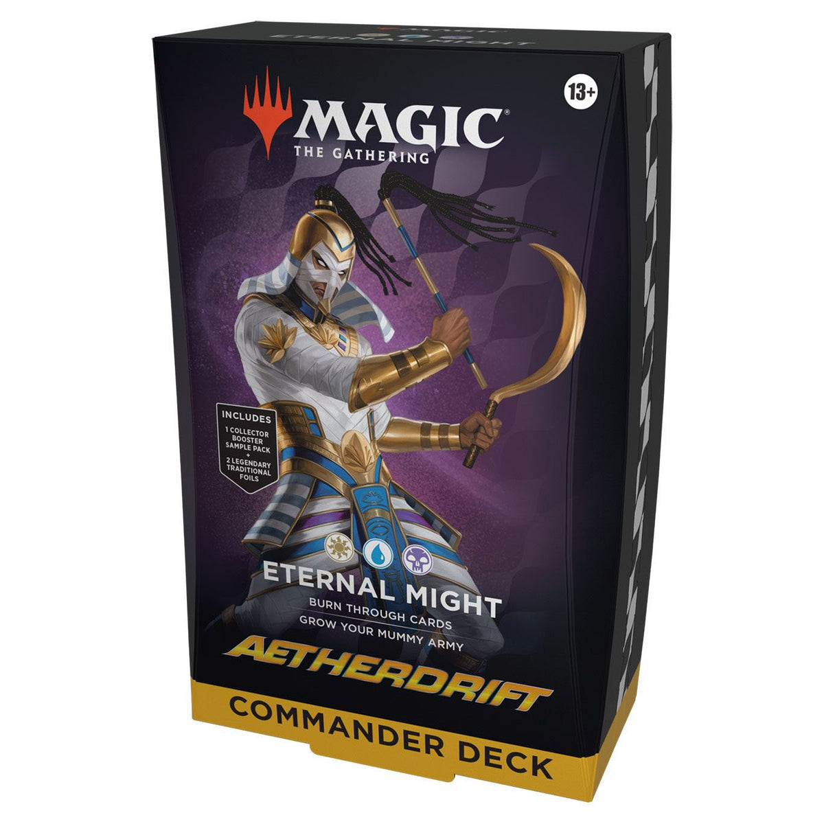 Wizards of the Coast’s Magic the Gathering: Aetherdrift Commander Deck features graveyard synergy and dynamic characters, designed for players ages 13 and up.