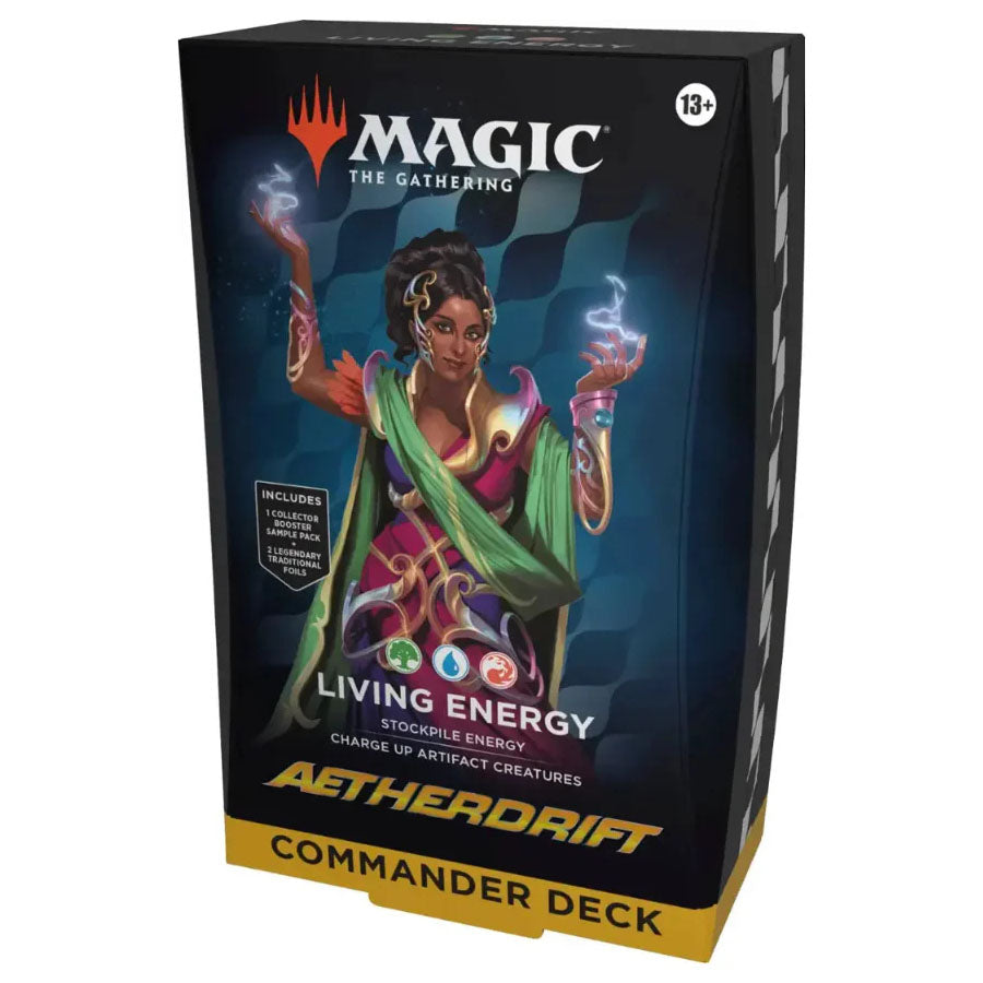 The Wizards of the Coast Magic the Gathering: Aetherdrift Commander Deck box highlights graveyard synergy, features a spellcasting fantasy character, includes a card list, and is recommended for ages 13+.