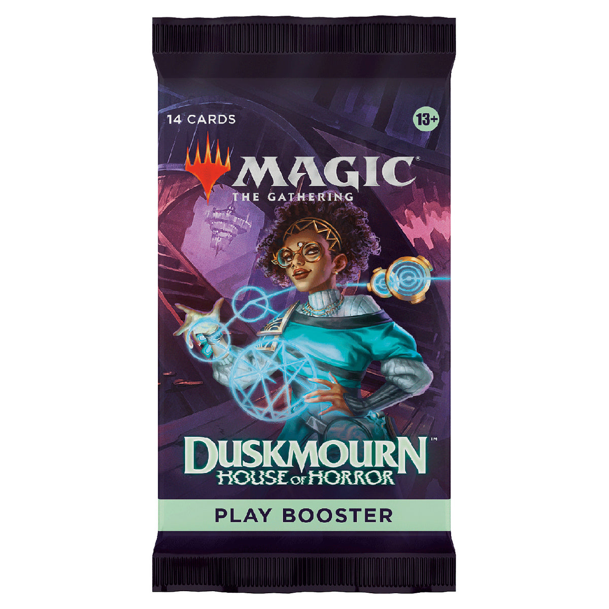 The Magic the Gathering: Duskmourn House of Horror Play Booster Pack by Wizards of the Coast contains 14 cards and is suited for ages 13+. Features a futuristic, glowing character on a purple background.
