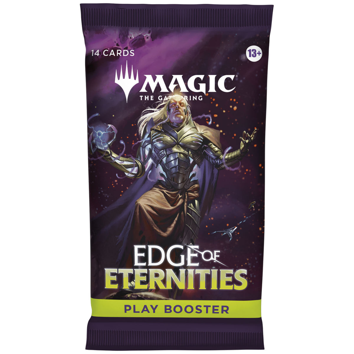The Wizards of the Coast Magic the Gathering: Edge of Eternities Play Booster Pack showcases a powerful armored character with glowing hands, vivid purple and gold colors, plus "14 Cards" and "13+" in the top corners.