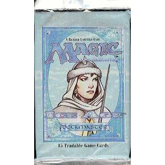 A Magic the Gathering: Ice Age Booster Pack by Wizards of the Coast, featuring a stern, armored figure in winter clothing holding a staff on the packaging. The pack is labeled Deckmaster and contains 15 tradeable game cards.