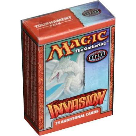 A sealed Wizards of the Coast Magic the Gathering: Invasion Tournament Pack Display, featuring packaging with a white dragon illustration and text stating “75 Additional Cards” and “Expert Level.”.