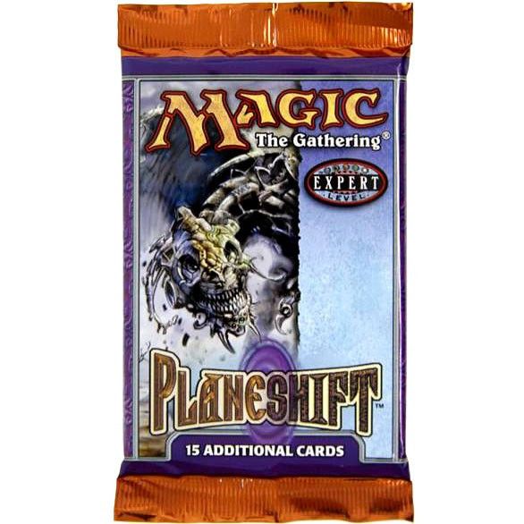 A sealed Magic: The Gathering - Planeshift Booster Pack featuring a fantasy dragon illustration and text indicating it contains 15 additional cards.