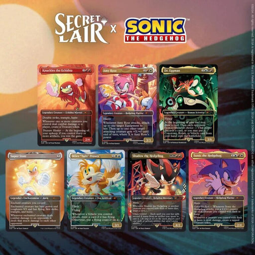 The Magic the Gathering: Secret Lair x Sonic the Hedgehog – Friends & Foes set from Wizards of the Coast includes eight cards featuring Sonic, Knuckles, Amy, Dr. Eggman, Super Sonic, Tails, and Shadow. The Secret Lair x Sonic the Hedgehog logos are displayed at the top.