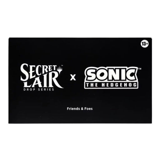A black box displaying the Magic the Gathering: Secret Lair x Sonic the Hedgehog - Friends & Foes branding from Wizards of the Coast, featuring both the Secret Lair Drop Series and Sonic the Hedgehog logos, along with “Friends & Foes” and “13+” text.