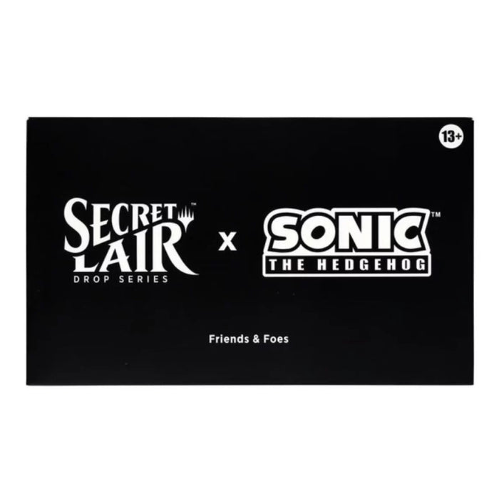 A black box displaying the Magic the Gathering: Secret Lair x Sonic the Hedgehog - Friends & Foes branding from Wizards of the Coast, featuring both the Secret Lair Drop Series and Sonic the Hedgehog logos, along with “Friends & Foes” and “13+” text.