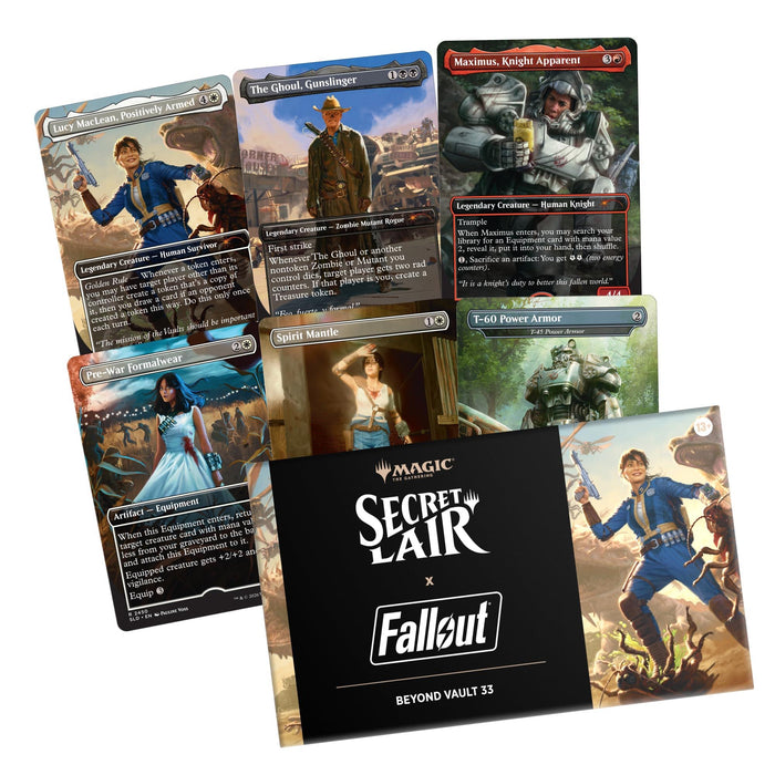 Six Magic: The Gathering cards inspired by Fallout are displayed behind a black box labeled “Magic the Gathering: Secret Lair x Fallout - Beyond Vault 33” from Wizards of the Coast. The cards showcase characters and armor from the Fallout game series.