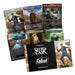 Six Magic: The Gathering cards inspired by Fallout are displayed behind a black box labeled “Magic the Gathering: Secret Lair x Fallout - Beyond Vault 33” from Wizards of the Coast. The cards showcase characters and armor from the Fallout game series.