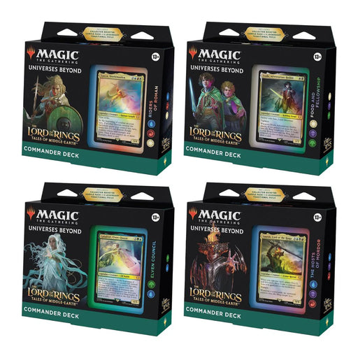 Four Magic: The Gathering - The Lord of the Rings Tales of Middle-Earth Commander Decks by Wizards of the Coast, each with unique artwork and color themes inspired by Middle-earth.