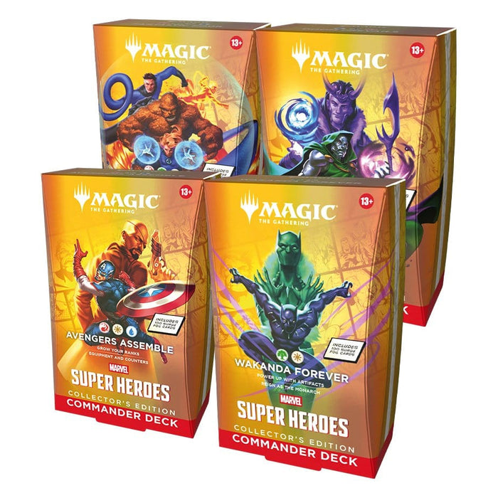 Four Wizards of the Coast Magic the Gathering: Marvel Super Heroes Collector Edition Commander Deck boxes, featuring superhero themes such as Avengers Assemble and Wakanda Forever, each adorned with vibrant Marvel artwork.