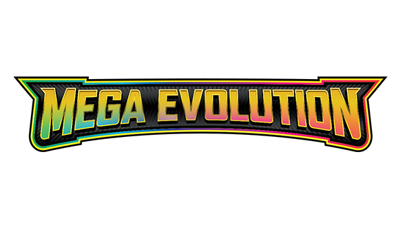 A bold, stylized text logo reads MEGA EVOLUTION in yellow and gold gradient letters with a black background and a colorful, glowing outline.