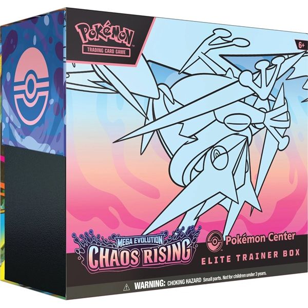The Pokémon TCG: Chaos Rising Pokémon Center Elite Trainer Box by The Pokémon Company showcases a striking white line art Pokémon set against a vibrant pink and blue background, complete with official Pokémon logos and a choking hazard warning. Designed exclusively for the Pokémon Center, this Elite Trainer Box embodies the dynamic spirit of Chaos Rising and the formidable power of Mega Evolution—making it an essential addition for dedicated collectors and passionate fans.