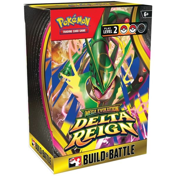 Pokémon TCG: Delta Reign Build & Battle (Prerelease) box featuring a green serpent-like character with the text Delta Reign and Mega Evolution on the front.