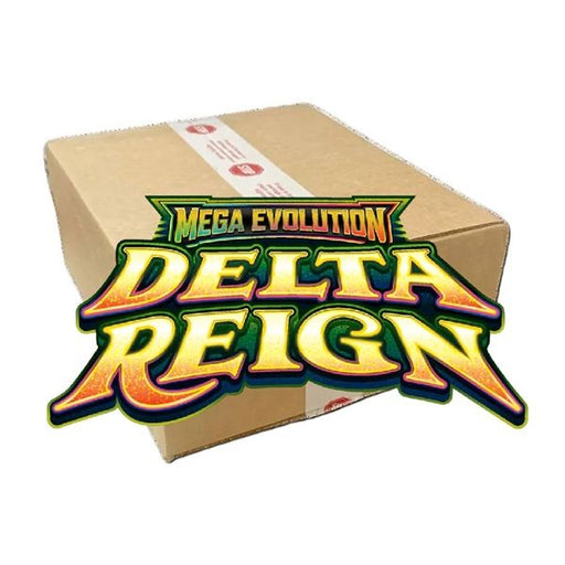 A plain brown cardboard box featuring The Pokémon Company’s logo and the words “Pokémon TCG: Delta Reign Elite Trainer Box Case” printed in colorful letters.