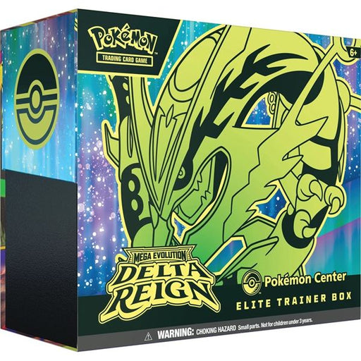 Pokémon TCG: Delta Reign Pokémon Center Elite Trainer Box by The Pokémon Company featuring green Rayquaza artwork, the Mega Evolution Delta Reign logo, and official Pokémon branding on a colorful background, with a warning label displayed at the bottom.