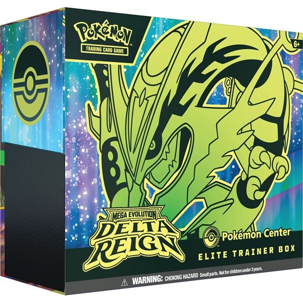 Pokémon TCG: Delta Reign Pokémon Center Elite Trainer Box by The Pokémon Company featuring green Rayquaza artwork, the Mega Evolution Delta Reign logo, and official Pokémon branding on a colorful background, with a warning label displayed at the bottom.