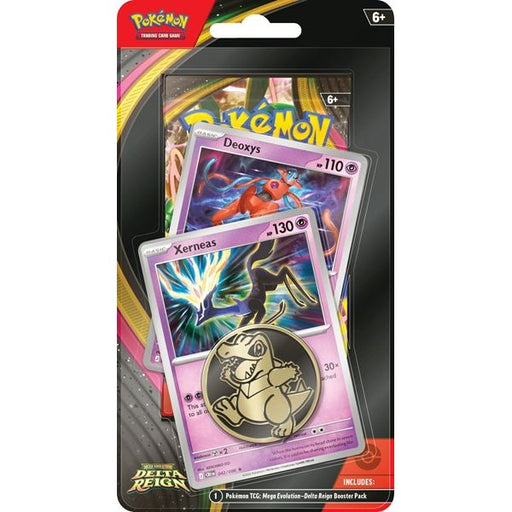 The Pokémon TCG: Delta Reign - Xerneas & Deoxys Premium Checklane Blister by The Pokémon Company includes Deoxys and Xerneas promo cards, a Tyrunt coin, and a booster pack in colorful Delta Reign packaging.