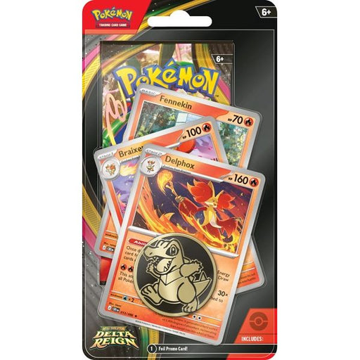 Experience the excitement of the latest Delta Reign booster pack with the Pokémon TCG: Delta Reign - Delphox Premium Checklane Blister by The Pokémon Company. This collectible pack features a foil promo card starring Fennekin, Braixen, or Delphox and includes a golden pin adorned with a Pokémon design, all presented in exclusive Delta Reign packaging. Suited for ages 6 and up, it’s perfect for collectors and fans looking to add to their collection or discover new cards from the Delta Reign lineup.