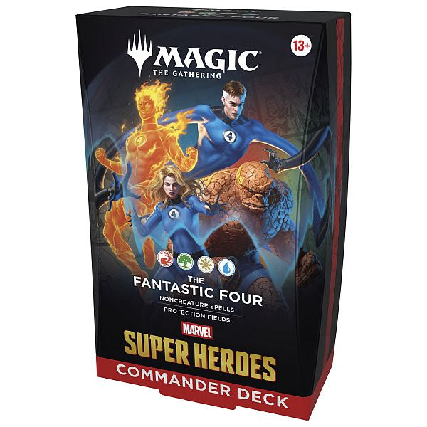 Wizards of the Coast presents the Magic the Gathering: Marvel Super Heroes Commander Deck, inspired by Universes Beyond and featuring the Fantastic Four in their iconic blue suits, with “Super Heroes” showcased on the packaging.