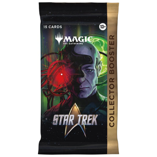 The Magic: The Gathering - Star Trek Collector Booster Pack from Wizards of the Coast showcases a striking cyborg character with a red eye against a sci-fi backdrop, and features a gold Collector Booster label on the side.