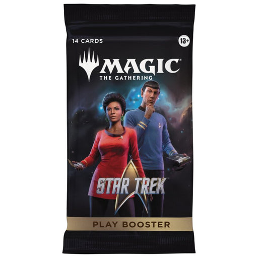 Discover new worlds with the Magic: The Gathering - Star Trek Play Booster Pack by Wizards of the Coast. Each pack showcases illustrated characters in red and blue uniforms on the front and includes 14 cards that blend the thrilling gameplay of Magic: The Gathering with iconic elements from Star Trek.