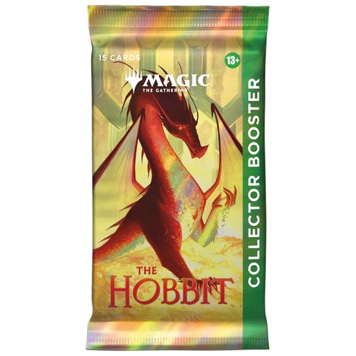 The Magic the Gathering: The Hobbit Collector Booster Display by Wizards of the Coast features a collector booster pack adorned with a red dragon and The Hobbit branding, accented in green and gold. Each pack contains 15 cards and is suitable for ages 13 and up.