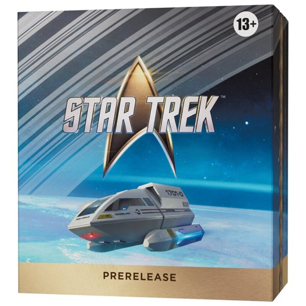 Magic: The Gathering - Star Trek Pre-release box featuring the Starfleet insignia and a shuttlecraft flying above a planet.