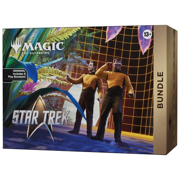 Experience the Magic: The Gathering - Star Trek Bundle from Wizards of the Coast—a Universes Beyond crossover showcasing two legendary Star Trek officers on a holodeck with futuristic plants. This collector’s set comes with 9 play boosters filled with exclusive Star Trek Magic cards, recommended for ages 13 and up.