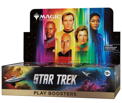 A Wizards of the Coast Magic: The Gathering – Star Trek Play Booster Display from the Universes Beyond series, showcasing portraits of iconic Star Trek characters set against a vibrant backdrop with a starship and planets below.