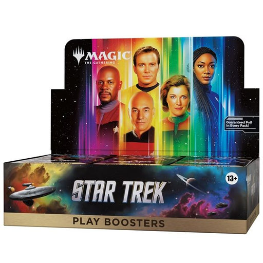 A Wizards of the Coast Magic: The Gathering – Star Trek Play Booster Display from the Universes Beyond series, showcasing portraits of iconic Star Trek characters set against a vibrant backdrop with a starship and planets below.