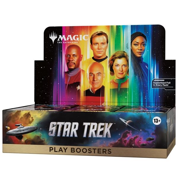 A Wizards of the Coast Magic: The Gathering – Star Trek Play Booster Display from the Universes Beyond series, showcasing portraits of iconic Star Trek characters set against a vibrant backdrop with a starship and planets below.