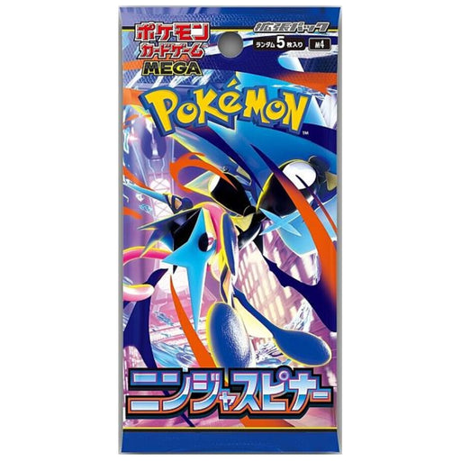 Introducing the Pokémon TCG: Ninja Spinner Booster Pack - Japansk (Mega Evolution) from The Pokémon Company, this Japanese booster pack showcases Greninja in a dynamic pose with vibrant graphics and authentic Japanese text on the packaging—perfect for collectors looking for sjældne japanske Pokémon-kort.