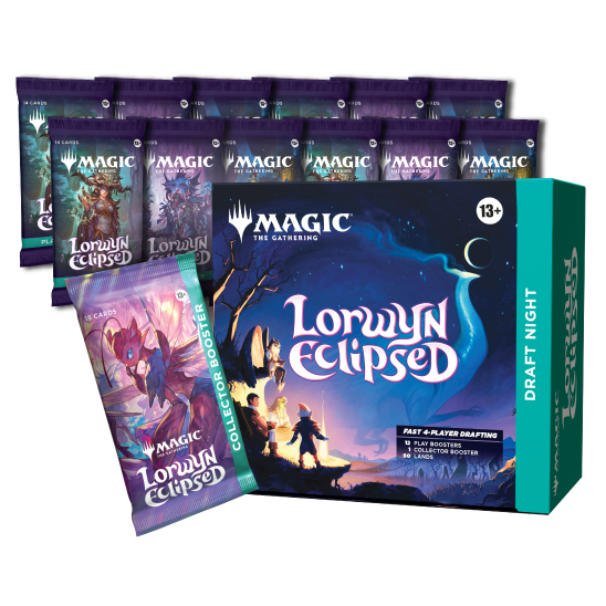 A Magic: The Gathering - Lorwyn Eclipsed Draft Night boxed card game set featuring a large storage box, a single booster pack in the foreground, and a row of booster packs behind it, all with a dark, moonlit forest theme.