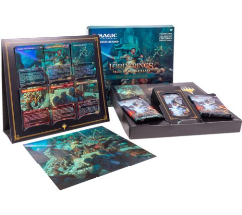 Showcased is the Magic: The Gathering - Lord of the Rings: Tales of Middle-earth Scene Box (Set of 4) by Wizards of the Coast, featuring booster packs, oversized illustrated scene cards, a decorative display box, and an art print with fantasy artwork from Universes Beyond.