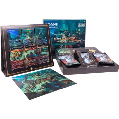 Showcased is the Magic: The Gathering - Lord of the Rings: Tales of Middle-earth Scene Box (Set of 4) by Wizards of the Coast, featuring booster packs, oversized illustrated scene cards, a decorative display box, and an art print with fantasy artwork from Universes Beyond.