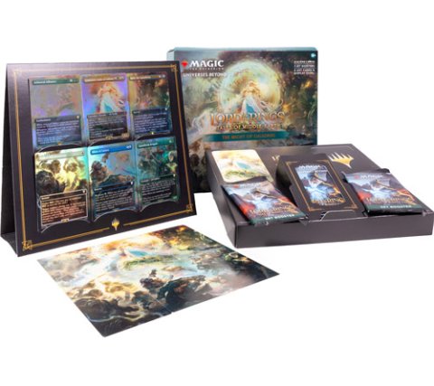 Wizards of the Coast Magic: The Gathering - Lord of the Rings: Tales of Middle-earth Scene Box (Set of 4) display, featuring all four scene boxes with booster packs, exclusive cards, and a collectible art print, arranged on a white background.
