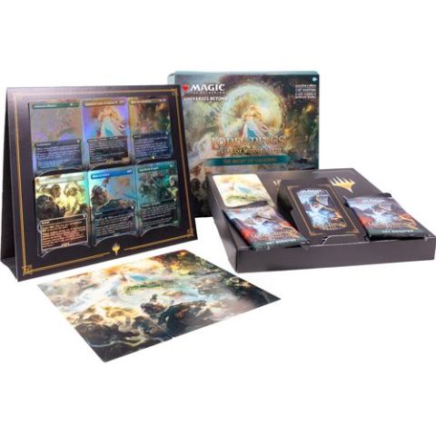 Wizards of the Coast Magic: The Gathering - Lord of the Rings: Tales of Middle-earth Scene Box (Set of 4) display, featuring all four scene boxes with booster packs, exclusive cards, and a collectible art print, arranged on a white background.