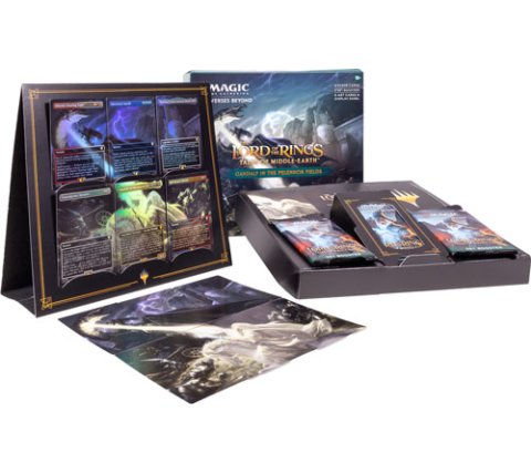 Wizards of the Coast Magic: The Gathering – Lord of the Rings: Tales of Middle-earth Scene Box (Set of 4) includes card packs, illustrated cards, a display stand, a cardboard box, and a poster featuring fantasy artwork from the Universes Beyond Tales of Middle-earth.