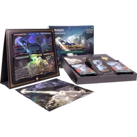 Wizards of the Coast Magic: The Gathering – Lord of the Rings: Tales of Middle-earth Scene Box (Set of 4) includes card packs, illustrated cards, a display stand, a cardboard box, and a poster featuring fantasy artwork from the Universes Beyond Tales of Middle-earth.