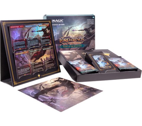 A set of four Magic: The Gathering – Lord of the Rings: Tales of Middle-earth Scene Boxes by Wizards of the Coast, each featuring stunning fantasy artwork, collectible cards, a rules insert, a foldable guide, and an illustrated playmat inspired by iconic scenes from Middle-earth.