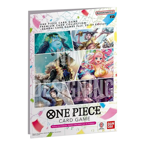 One Piece Card Game: Premium Card Collection - Bandai Card Games Fest 23-24 Edition folder with Now Designing text overlaid on character artwork.