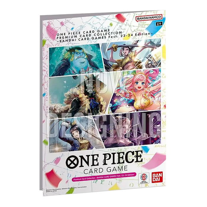One Piece Card Game: Premium Card Collection - Bandai Card Games Fest 23-24 Edition folder with Now Designing text overlaid on character artwork.