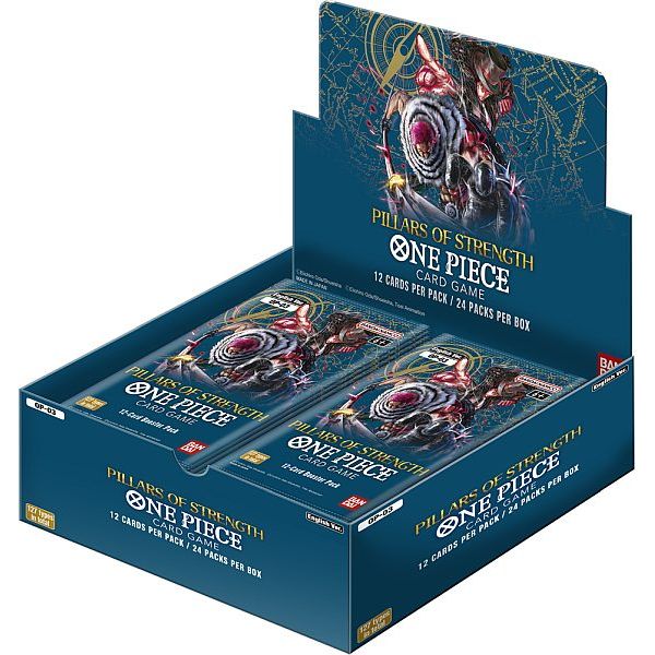 A blue One Piece Card Game: OP03: Pillars of Strength Booster Box containing 24 packs, with illustrations of anime characters on the box and individual pack wrappers.
