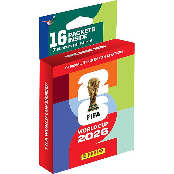 The Panini: FIFA World Cup Sticker Blister Box - Nordic Edition showcases the trophy, includes official FIFA logos, and contains 16 packets with 7 stickers each.