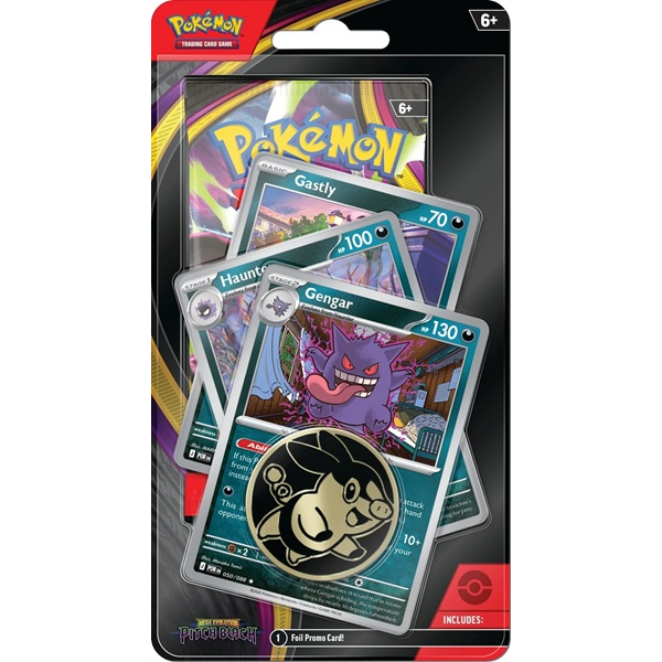 Experience the Pokémon TCG: Pitch Black Premium Checklane Blister by The Pokémon Company—a unique trading card set that highlights Gastly, Haunter, and Gengar cards in secure plastic packaging. This exclusive product also comes with a collectible metallic coin featuring Gengar’s face at the bottom, making it a perfect addition for collectors and fans who value the Mega Evolution legacy.