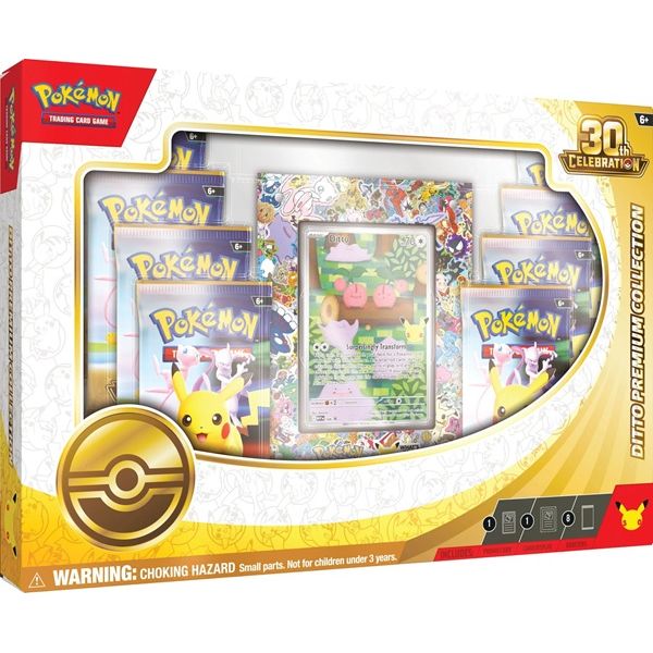 The Pokémon Company’s Pokémon TCG: 30th Celebration Ditto Premium Collection includes booster packs, a special Ditto promo card, a 3D anniversary badge, and comes in vibrant Pikachu-themed packaging with safety labels.