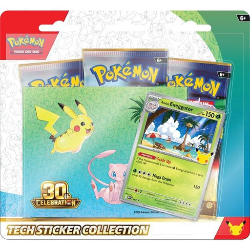The Pokémon Company’s Pokémon TCG: 30th Celebration Tech Sticker Collection includes three card packs, Pikachu and Mew stickers, an Alolan Exeggutor card, and packaging with a 30th Celebration badge.
