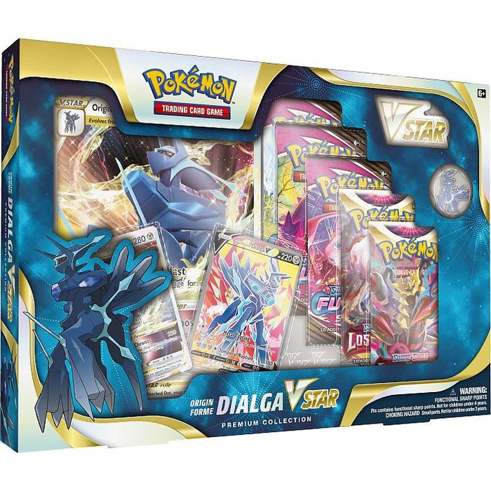 The Pokémon TCG: Origin Forme Dialga VSTAR Premium Collection by The Pokémon Company includes exclusive Origin Forme Dialga promo cards, four booster packs, a jumbo card, a pin, and a VSTAR marker—all presented in specially branded packaging.