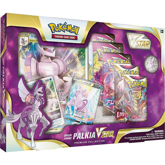 The Pokémon TCG: Origin Forme Palkia VSTAR Premium Collection by The Pokémon Company is displayed on a purple background featuring Palkia artwork, and includes cards, booster packs, a jumbo card, and a collectible Palkia pin.
