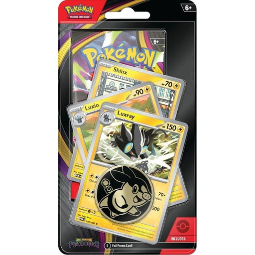 The Pokémon Company’s Pokémon TCG: Pitch Black Premium Checklane Blister includes Luxray, Luxio, and Shinx cards, a foil promo card, and a black-and-white coin in clear plastic packaging.